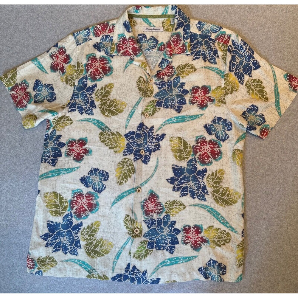 Tommy Bahama Silk Camp Shirt Men's L Batiki Beach Tropical Floral Button-up SS